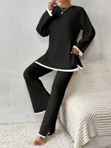 VaVaBold 女士色塊毛衣套裝,開叉下擺和鬆緊領邊設計 - 黑色 - 查看 5