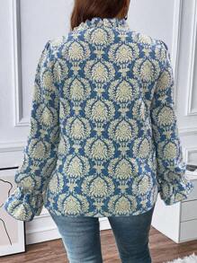 SHEIN Franclia Plus Allover Print Tie Neck Flare Sleeve Blouse - Multicolor - View 2