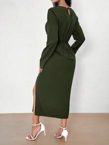 SHEIN Privé Women's Keyhole Neckline Slit Front Dress - Green - View 4