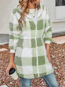 SHEIN Essnce Của phụ nữ Kiểm tra Dây kéo áo có mũ Thường xuyên Áo khoác - Màu xanh Bạc hà - Xem 1