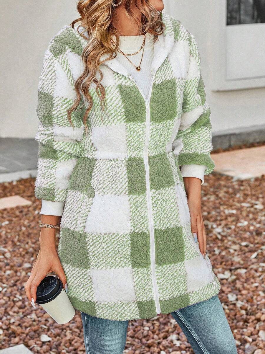 SHEIN Essnce Của phụ nữ Kiểm tra Dây kéo áo có mũ Thường xuyên Áo khoác - Màu xanh Bạc hà - Xem 1