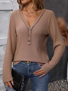 SHEIN LUNE 半排扣羅紋針織T恤 - 卡其色 - 查看 1