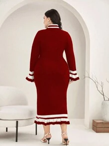 Modelyn Kích thước lớn Sọc Đầm Áo len Với chuông Và Cắt tỉa , Thắt lưng Không bao gồm - Đỏ - Xem 2