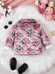 Bebé niña Abrigo con estampado floral teddy ribete - Rosa - Ver 2