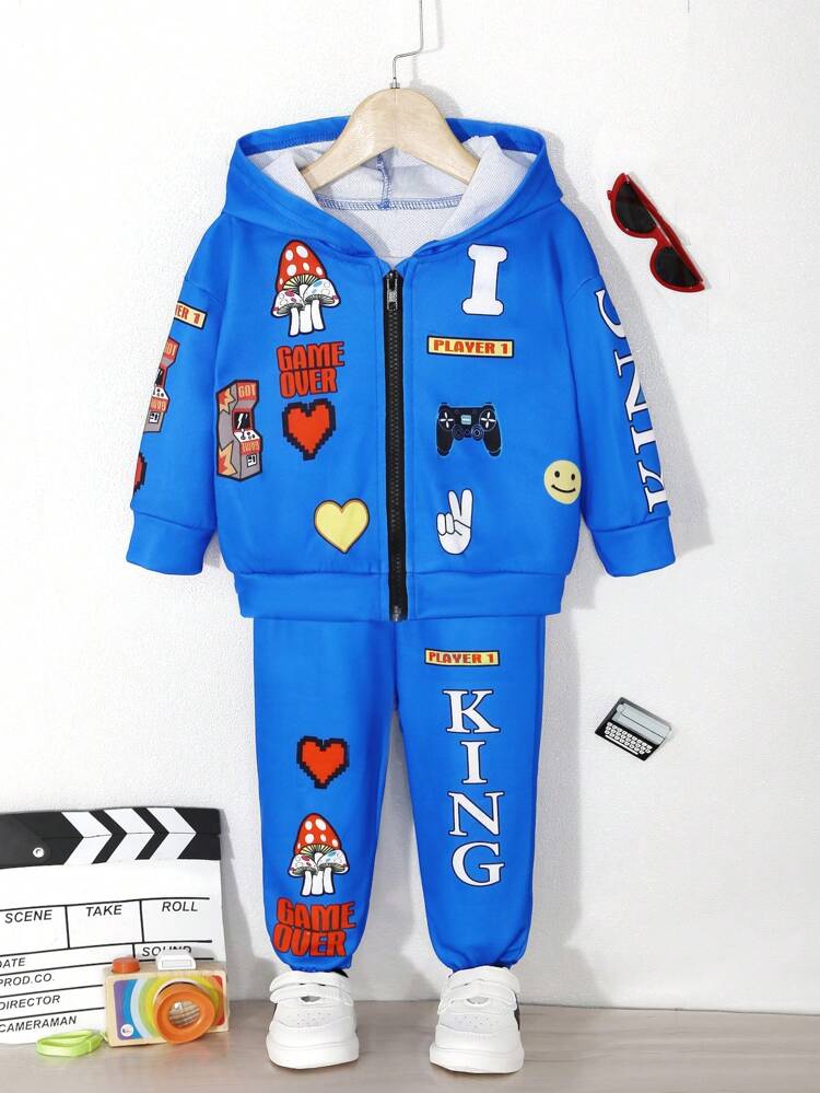 Fashionable Baby Boys' Hooded Zipper Top & Elastic Waist Long Pants Set With Letter & Mushroom Print For Street Style