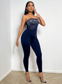 Allurite 女士鑽石裝飾的無肩設計連體褲 - 寶藍色 - 查看 5