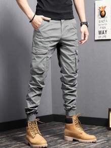 Manfinity Homme Men's Cargo Pants With Side Pockets And Elastic Cuffs, For Fall - Light Grey - View 3