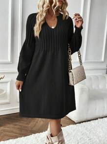 SHEIN LUNE Của phụ nữ Tay áo lồng đèn Đầm Với Chải Đường viền cổ chữ V - màu đen - Xem 6