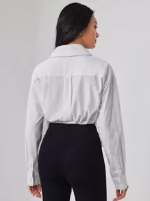 Amanda Daum Caballero Designer Business Casual Solid Drawstring Hem Double Collar Crop Shirt, For Holiday, Vacation, Spring, Beach, Festival, Ibiza Fits, Office - White - View 2