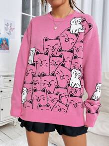 SHEIN EZwear 女用卡通貓圓領毛衣 - 粉色 - 查看 4