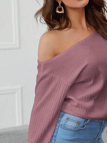 SHEIN Essnce Cổ không đối xứng Thả vai Gân đan Áo chui đầu - Bụi hồng - Xem 4