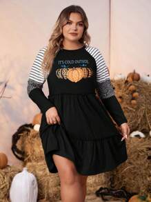 SHEIN LUNE Talla grande Vestido de rayas & estampado de calabaza de manga raglán bajo con fruncido - Negro - Ver 5