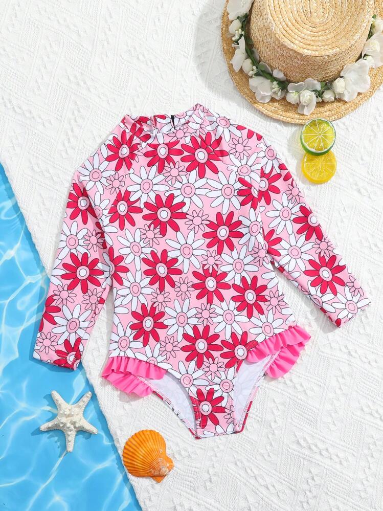 Young Girl Flower Print One-Piece Swimsuit, Flower Print - Red - View 1