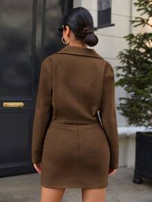 RueChic Women'S Solid Color Lapel One-Button Blazer And Skirt Set - Brown - View 2