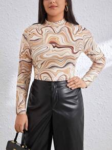 SHEIN Essnce 大尺碼女大理石印花 T 卹 - 卡其色 - 查看 6