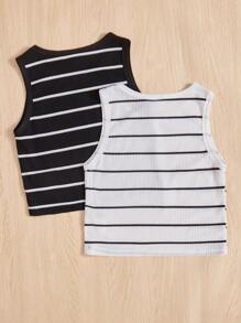 Tween Girl 2pcs/Set Knitted Black & White Striped Loose Fit Sleeveless Top