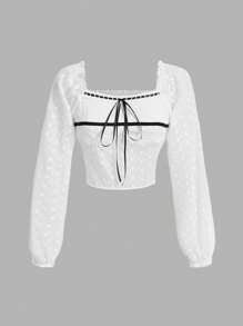ROMWE Kawaii Women's Knotted Front Embroidered Top - White - View 1