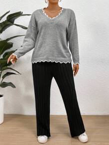 SHEIN Clasi Shell Edge V-neck Knit Sweater And Skirt Set - Multicolor - View 3