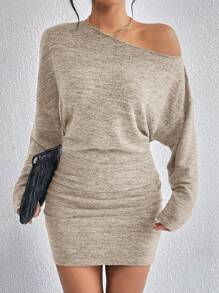 SHEIN Essnce Space Dye Batwing Sleeve Bodycon Dress - Camel - View 3