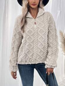 SHEIN LUNE Sudadera Para Mujer De Manga Larga De Felpa De Doble Textura - Blanco - Ver 3