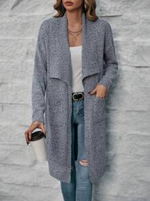 SHEIN Clasi Waterfall Collar Dual Pocket Drop Shoulder Duster Cardigan - Dark Grey - View 1