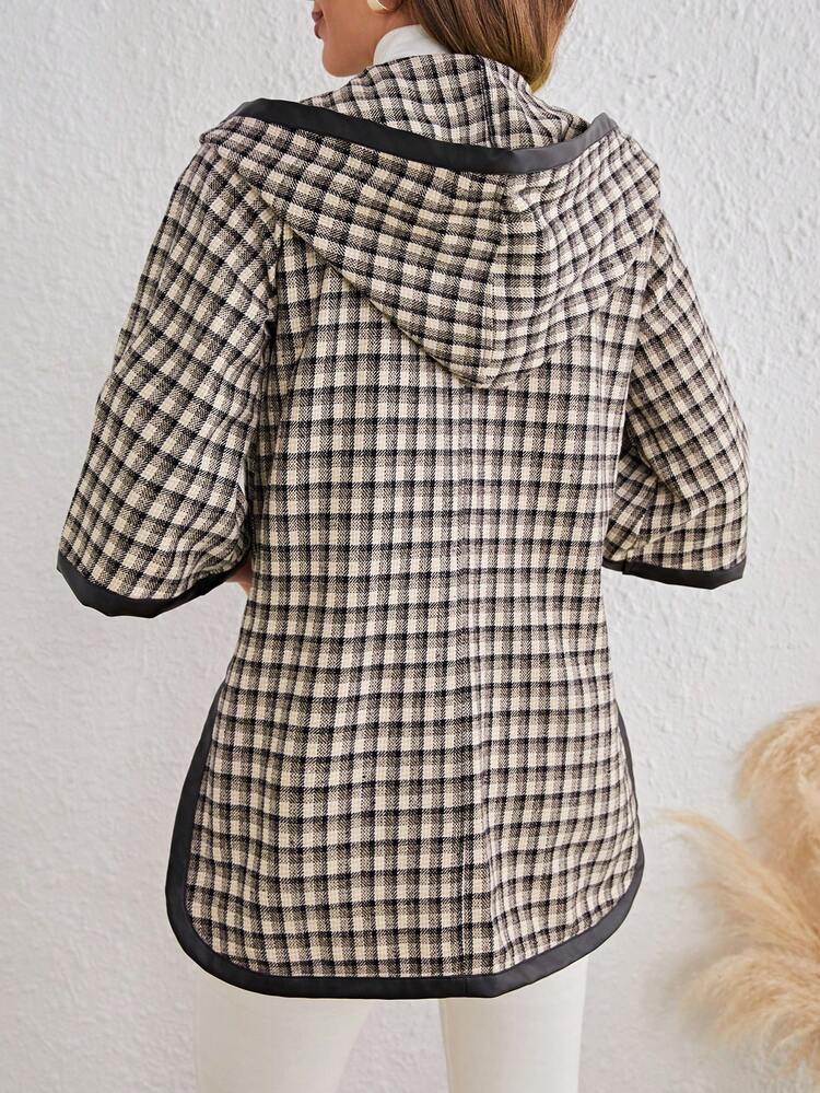Plaid Contrast Binding Hooded Open Front Overcoat Winter Pink Casual Check