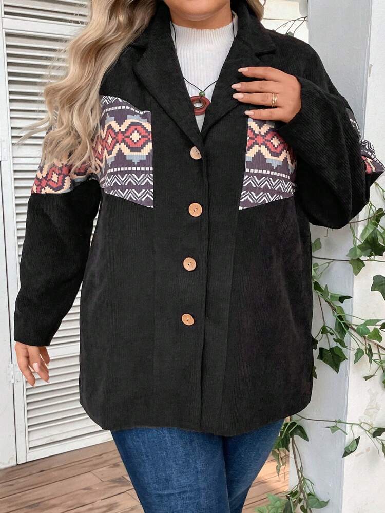 Plus Size Women's Geometric Pattern Corduroy Jacket