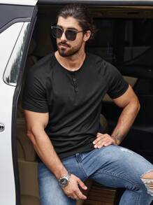 SHEIN Manfinity Homme 男士拉格蘭袖恩利衫t恤 - 黑色 - 查看 4