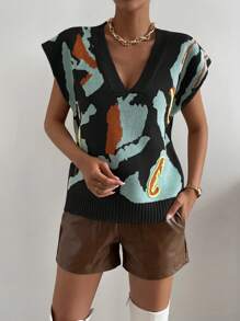 SHEIN LUNE Colorblock V-neck Sleeveless Knitted Vest