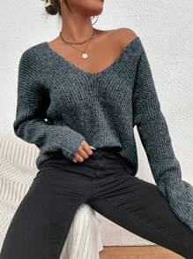 Elenzga V领落肩针织套头衫秋冬毛衣 - 藏蓝色 - 查看 4