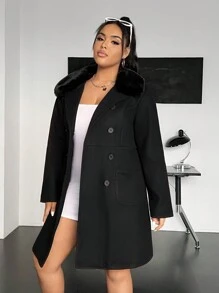 SHEIN EZwear Hơn Cổ áo Borg Đôi ngực Áo khoác - màu đen - Xem 3