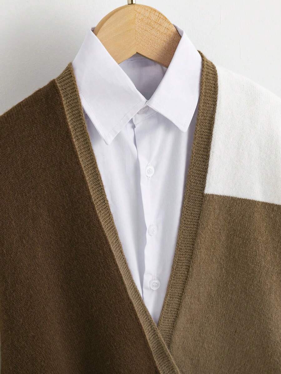 SHEIN Tween Girls Color Block Short Cardigan - Coffee Brown - View 1