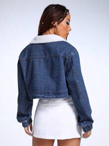 SHEIN ICON Cổ áo Borg Cắt sửa áo khoác Jacket - Màu xanh lam - Xem 2