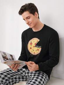 男士比薩印花t恤和格紋長褲家居服套裝 - 彩色 - 查看 4