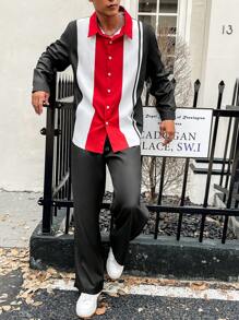 Manfinity Homme Conjunto De Camisa E Calça Masculina Color Block Manga Comprida