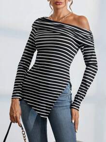 SHEIN Essnce 女士不对称下摆条纹 T 恤