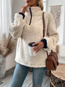 SHEIN LUNE Women'S Drop Shoulder Teddy Sweatshirt - Apricot - View 5