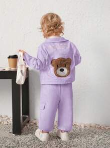 SHEIN Bebé niña Cazadora oso & con bordado de slogan con diseño de solapa con pantalones - Púrpura malva - Ver 1