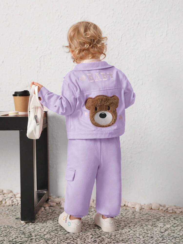 Baby Girl Bear & Slogan Embroidered Flap Detail Jacket & Pants
