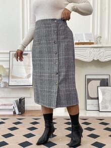 SHEIN Franclia Hơn In kẻ sọc Nút phía trước Váy - Màu xanh lam - Xem 4