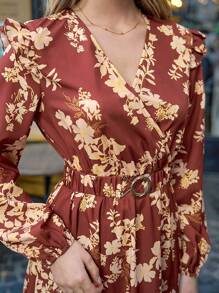 SHEIN Frenchy 女士花卉印花燈籠袖腰帶連衣裙 - 彩色 - 查看 3