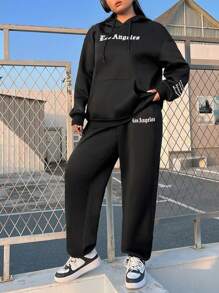 SHEIN EZwear 加大碼女性寬鬆字母印花2件套裝 - 黑色 - 查看 1