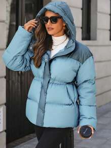 SHEIN LUNE 斜口袋连帽棉服夹棉外套衣服冬季 - 淺藍色 - 查看 3
