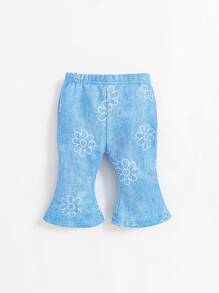 SHEIN Newborn Baby Girl Casual Flared Jeans With Floral Print - Blue - View 1