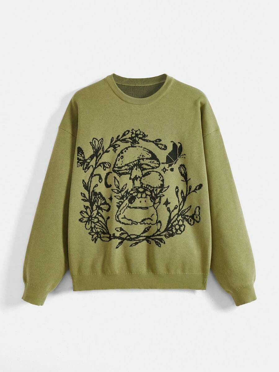 ROMWE Fairycore Women's Plus Size Mushroom And Frog Print Round Neck Sweater - Green - View 1