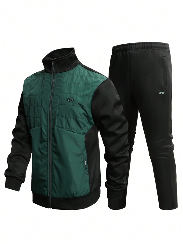 2pcs Men's Color Blocking Patchwork Jacket And Pocketed Pants Set