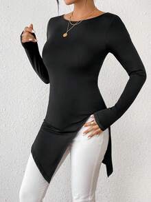 SHEIN Privé Của phụ nữ Thon gọn Kiểu Dài Áo thun Với Bên Khe - màu đen - Xem 5