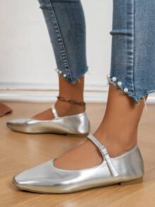 法式银色玛丽珍鞋女款，韩版优雅仙女风低帮平底鞋，带扣，平底 - 銀色 - 查看 4