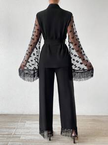 SHEIN LUNE Contrast Mesh Flare Sleeve Top And Fringe Hem Pants Set - Black - View 2