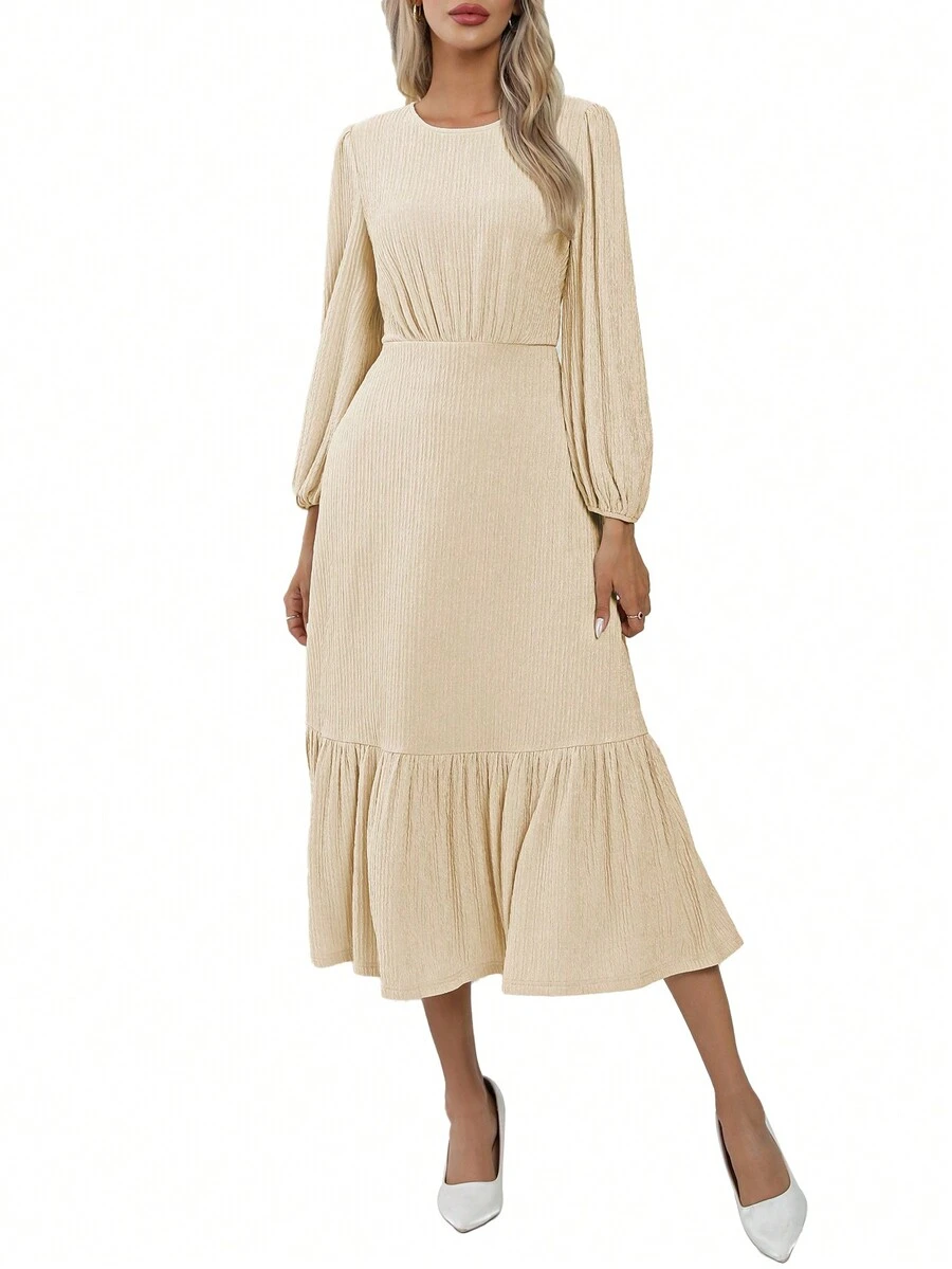 Solid Ruffle Hem A-line Dress - Apricot - View 1